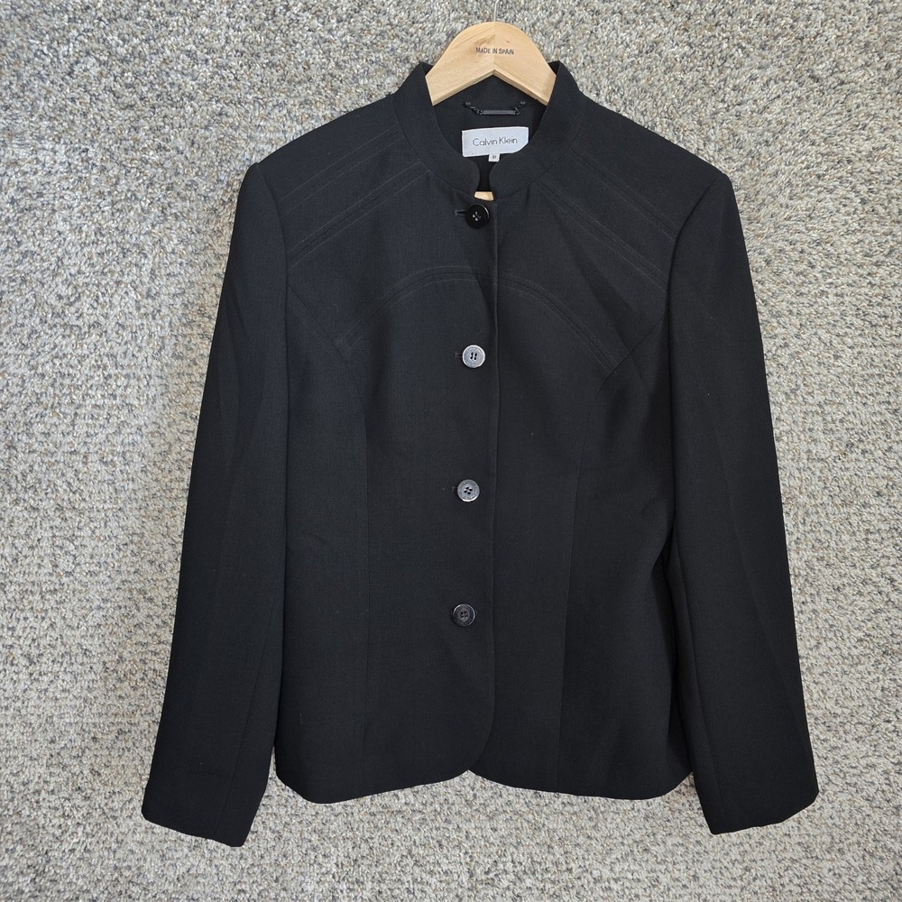 Calvin Klein Blazer Womens 10 Black Button Mock Neck Shoulder Pads Career Ladies
